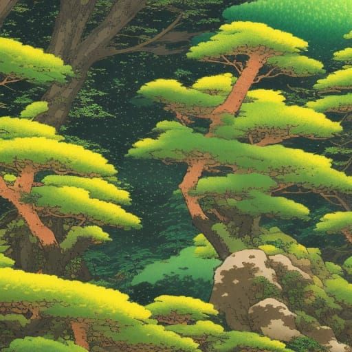 Japanese Animals in Misty Forest: Vintage Anime Art