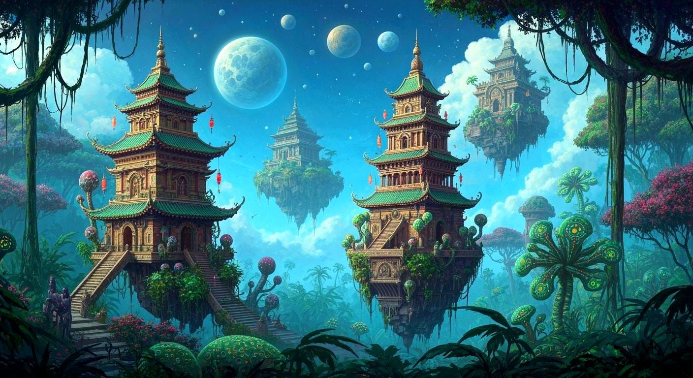 Floating Pagodas in Bioluminescent Jungle