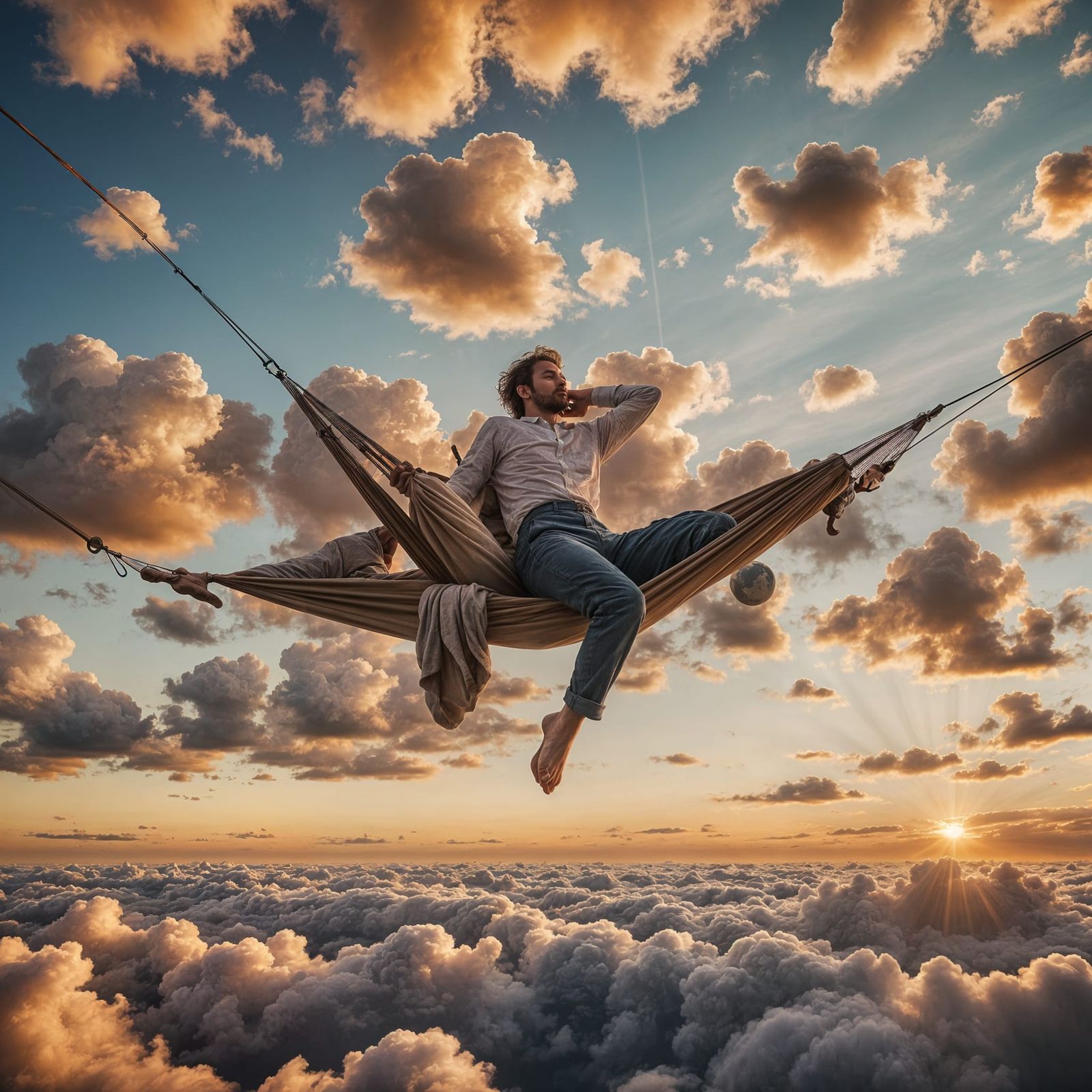Man in Hammock Floating in Sunset Sky