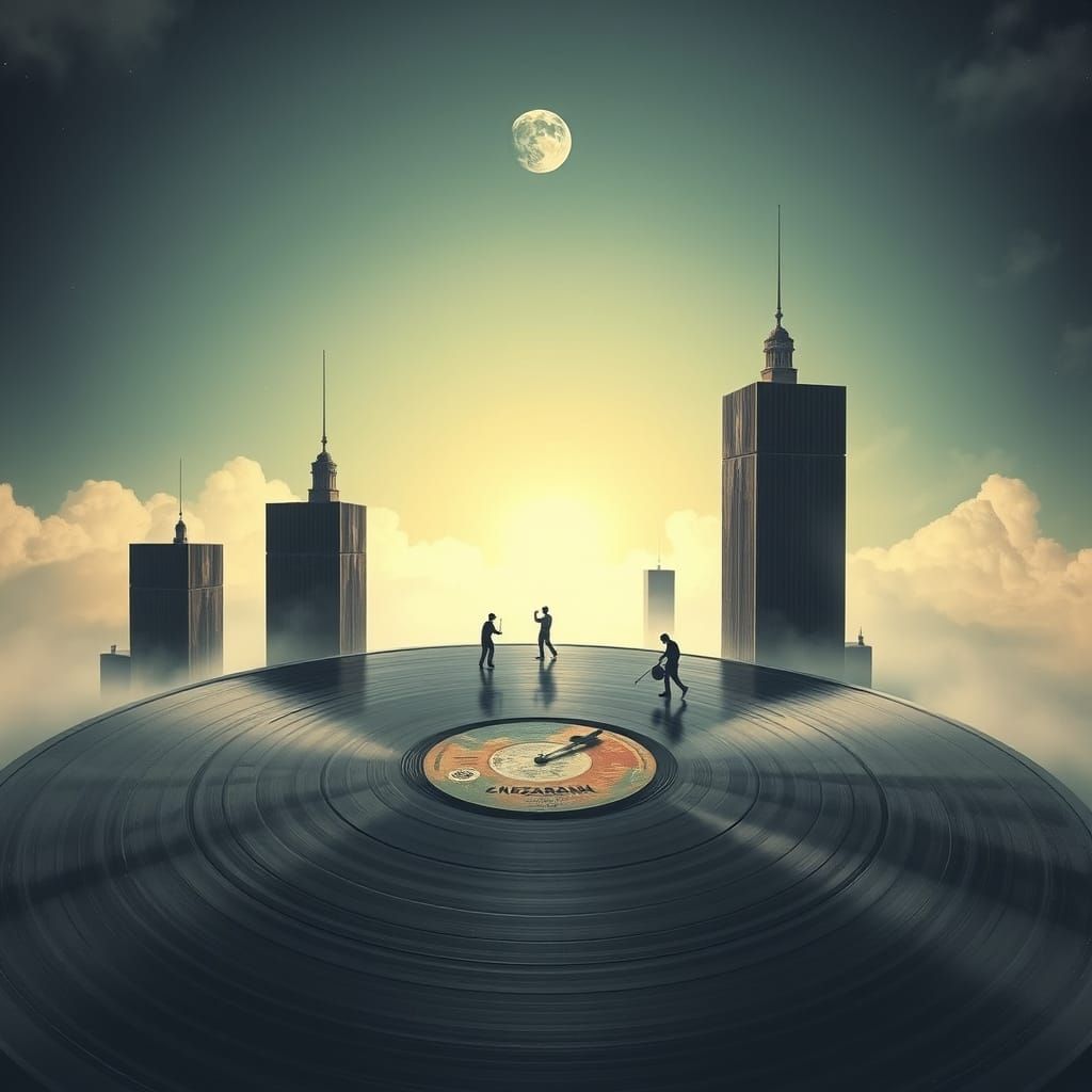 Surreal Vinyl Record Cityscape with Holographic Musicians