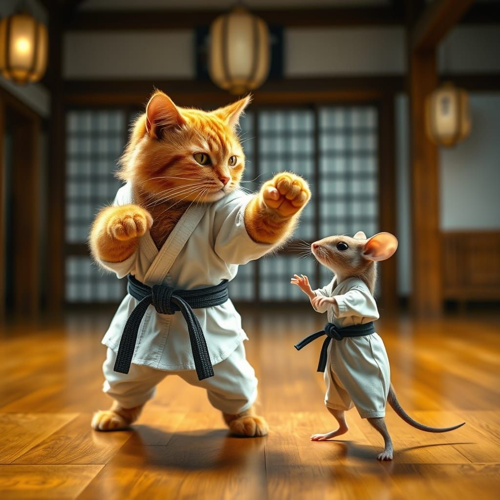 Majestic Orange Tabby Cat vs Tiny Mouse in Traditional Japan...