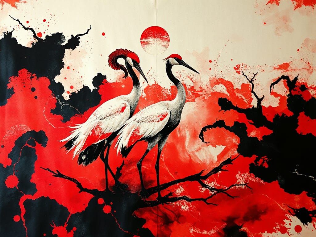 Red and Black Ink Crane Painting on Silk