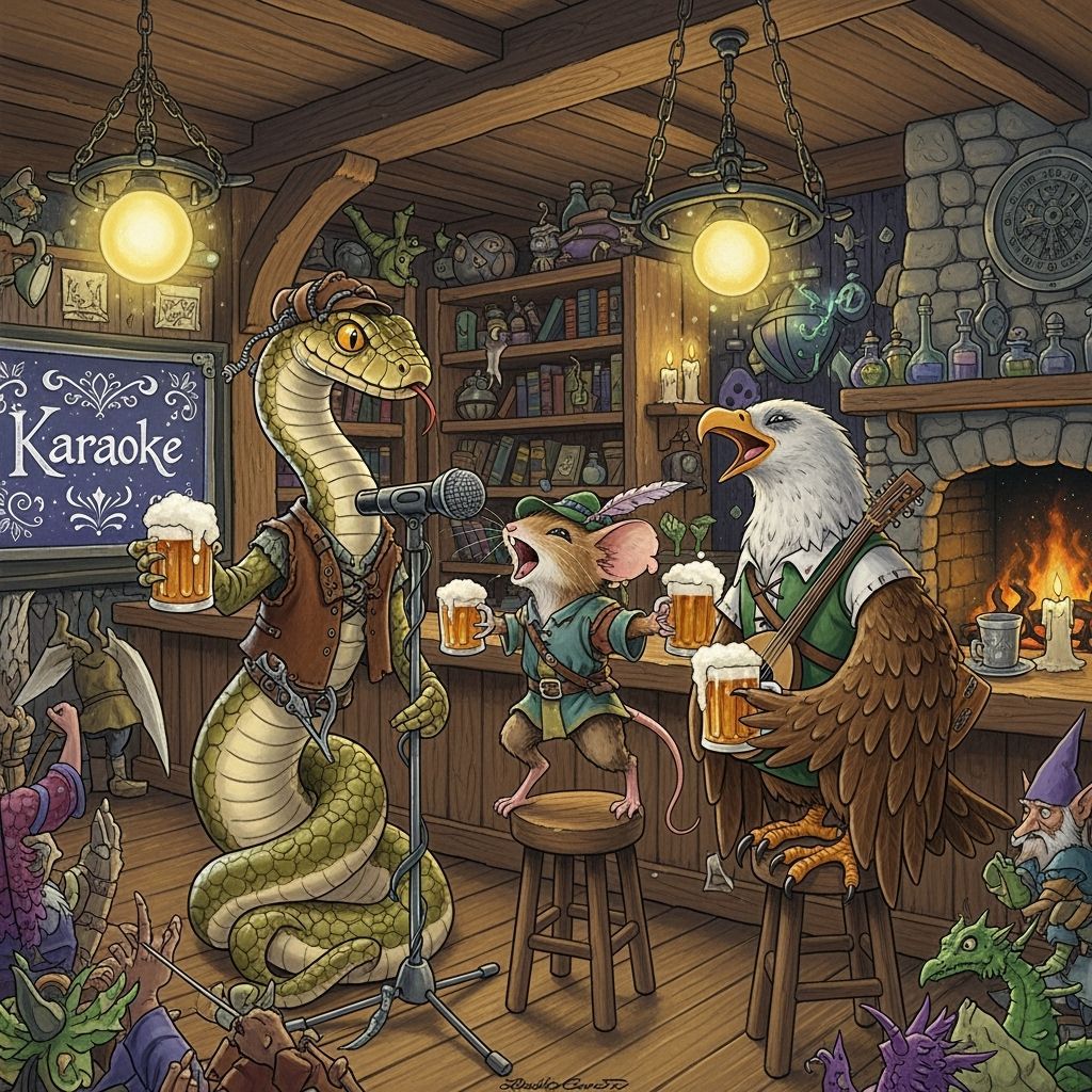Fantasy Creatures Sing Karaoke in Cozy Tavern