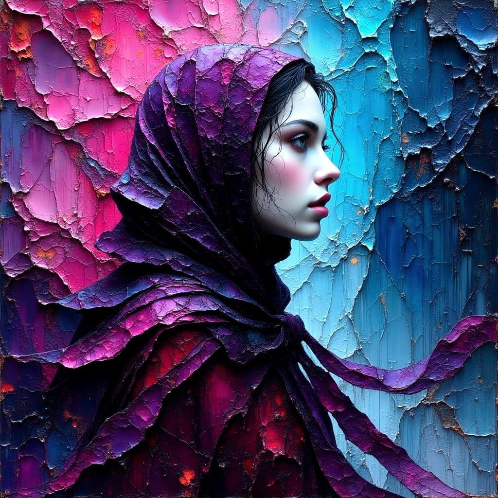 Mysterious Cloaked Woman as Impasto Oil Painting