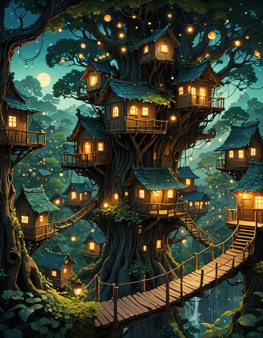 Glowing Forest Village: Ethereal Treehouse Dreamscape