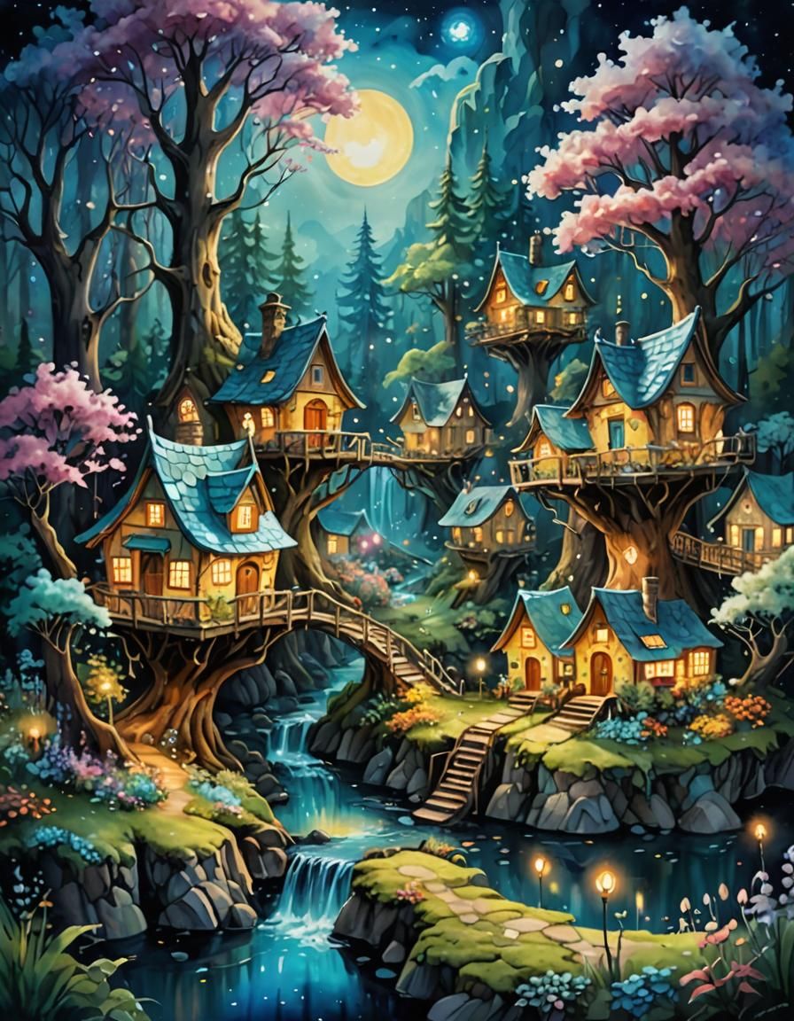 Magical Bioluminescent Village in Whimsical Oil Painting