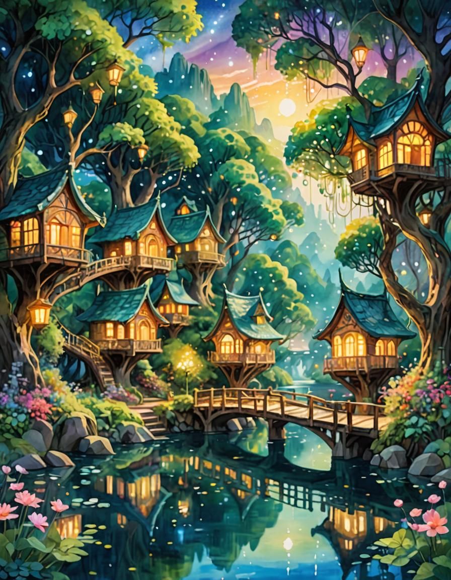 Glowing Treehouse Village in Impressionist Watercolor Style