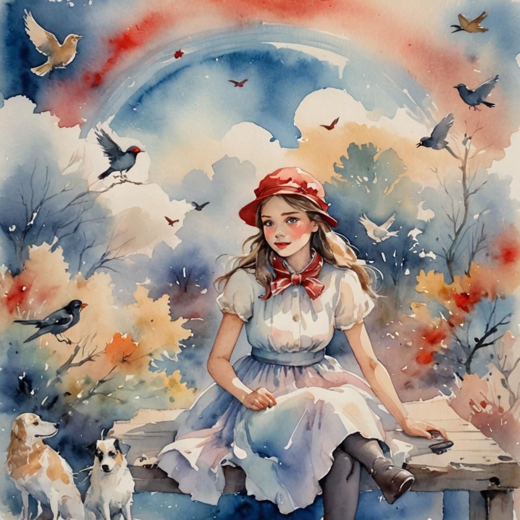Girl with Dog and Bird in Watercolor Illustration