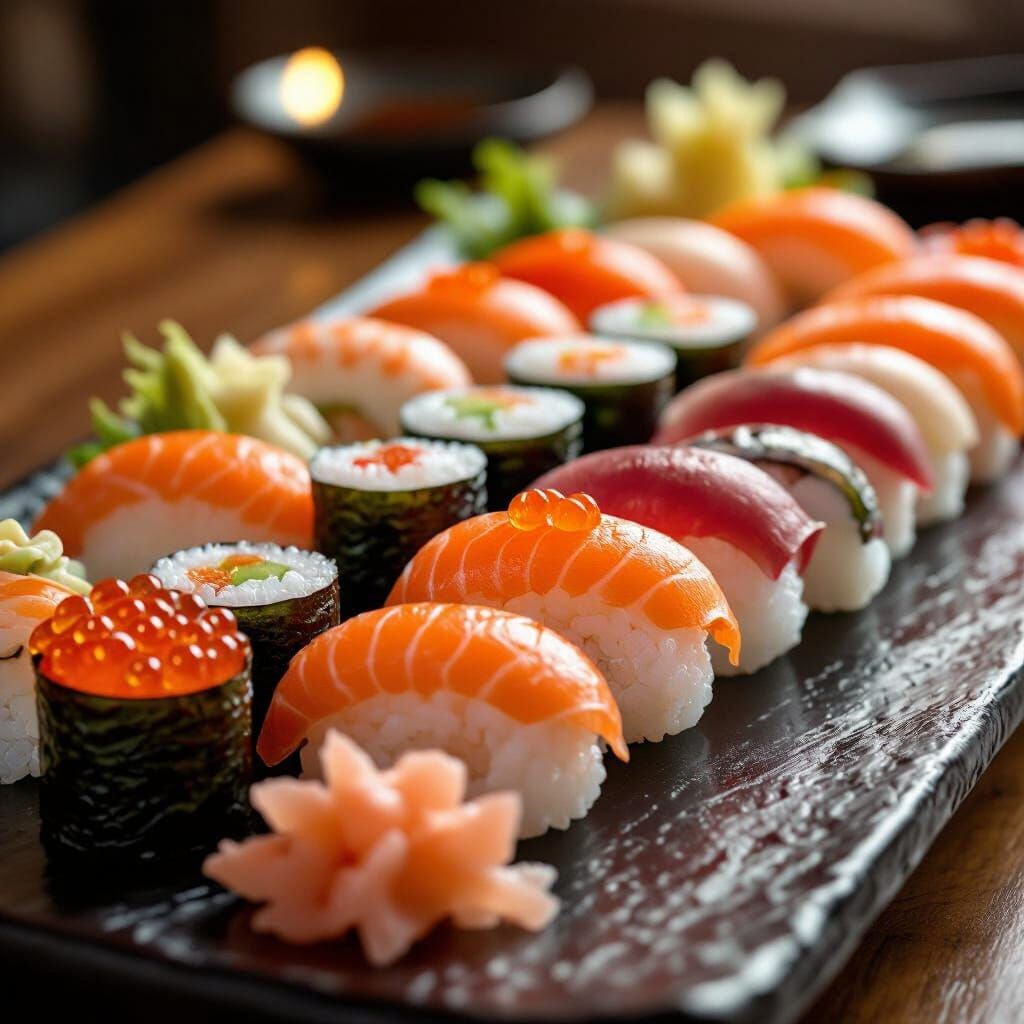 Gourmet Sushi Platter with Glistening Fish and Ikura