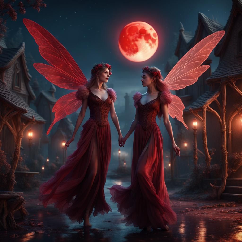 Fairies Dancing Under Blood Moon, Fantasy Concept Art