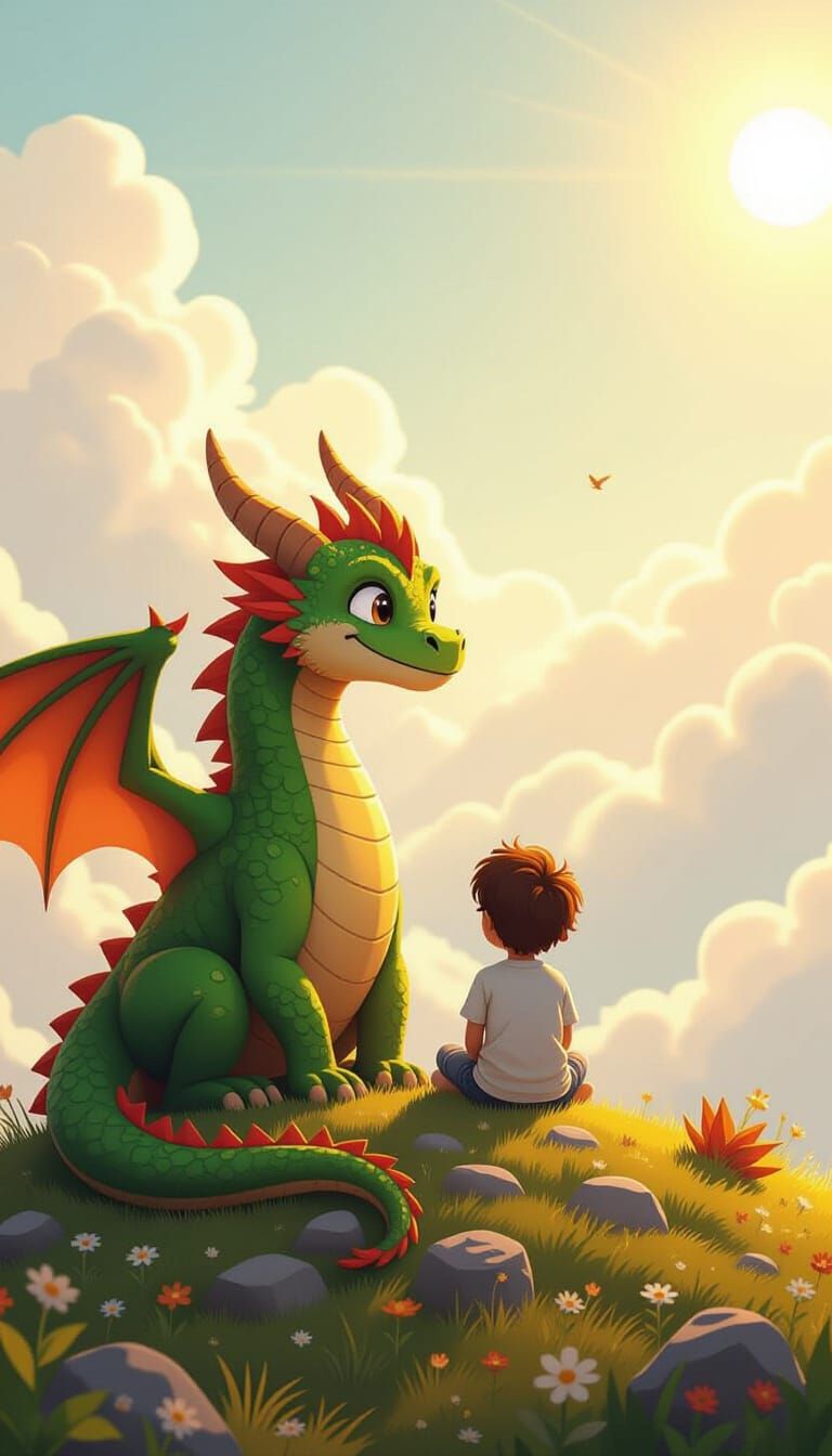 Child and Dragon Sit Together on Hill in Cartoon Style