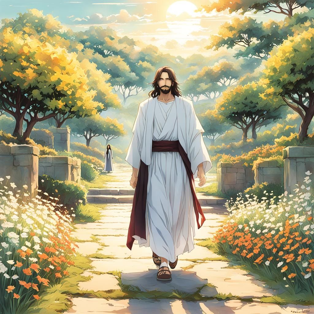 Jesus Walks in Garden at Sunrise: Anime Style