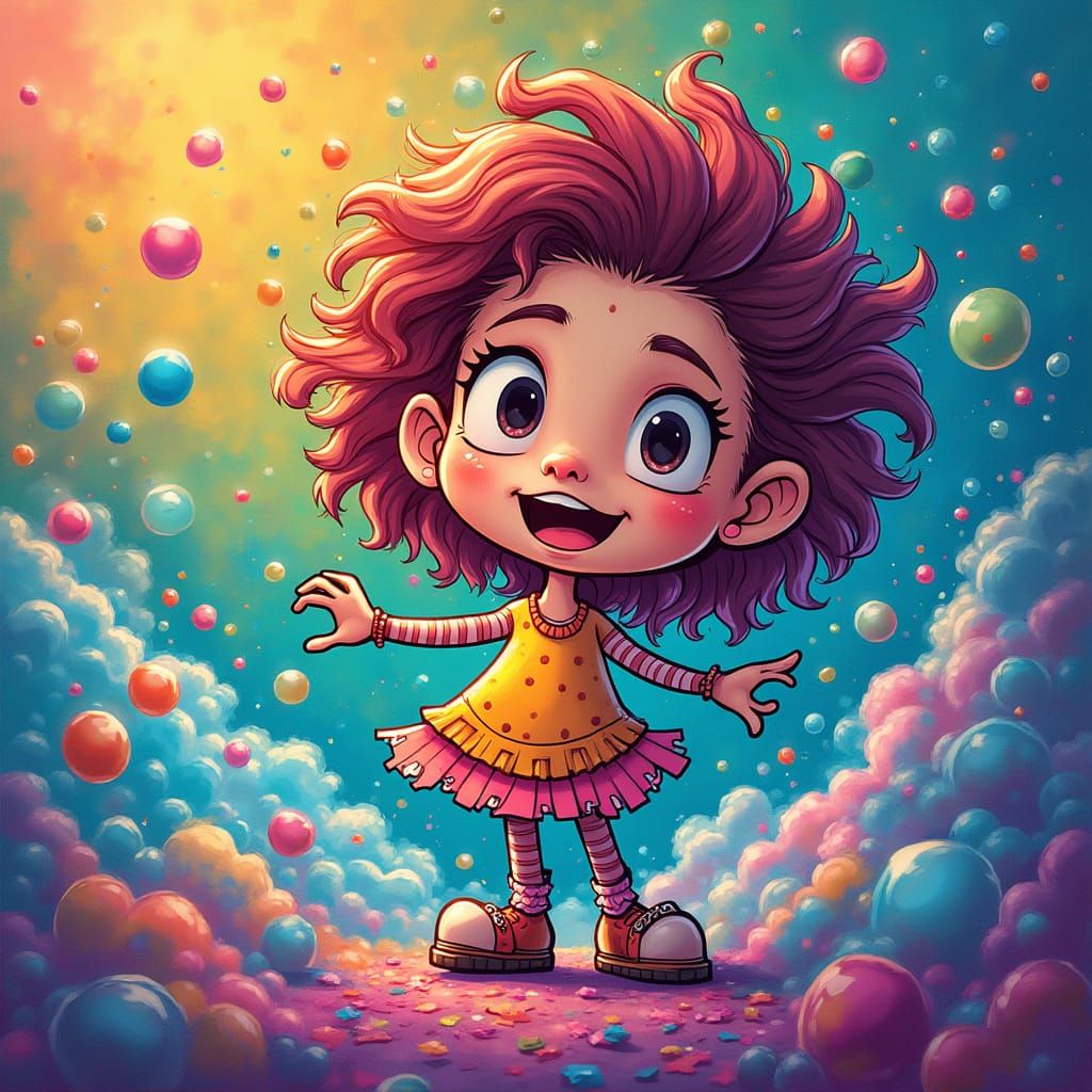 Cartoon Character Surrounded by Bubbles in Animated Style