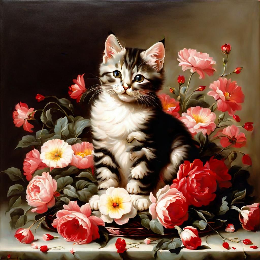 Cat with Flowers in Baroque Style