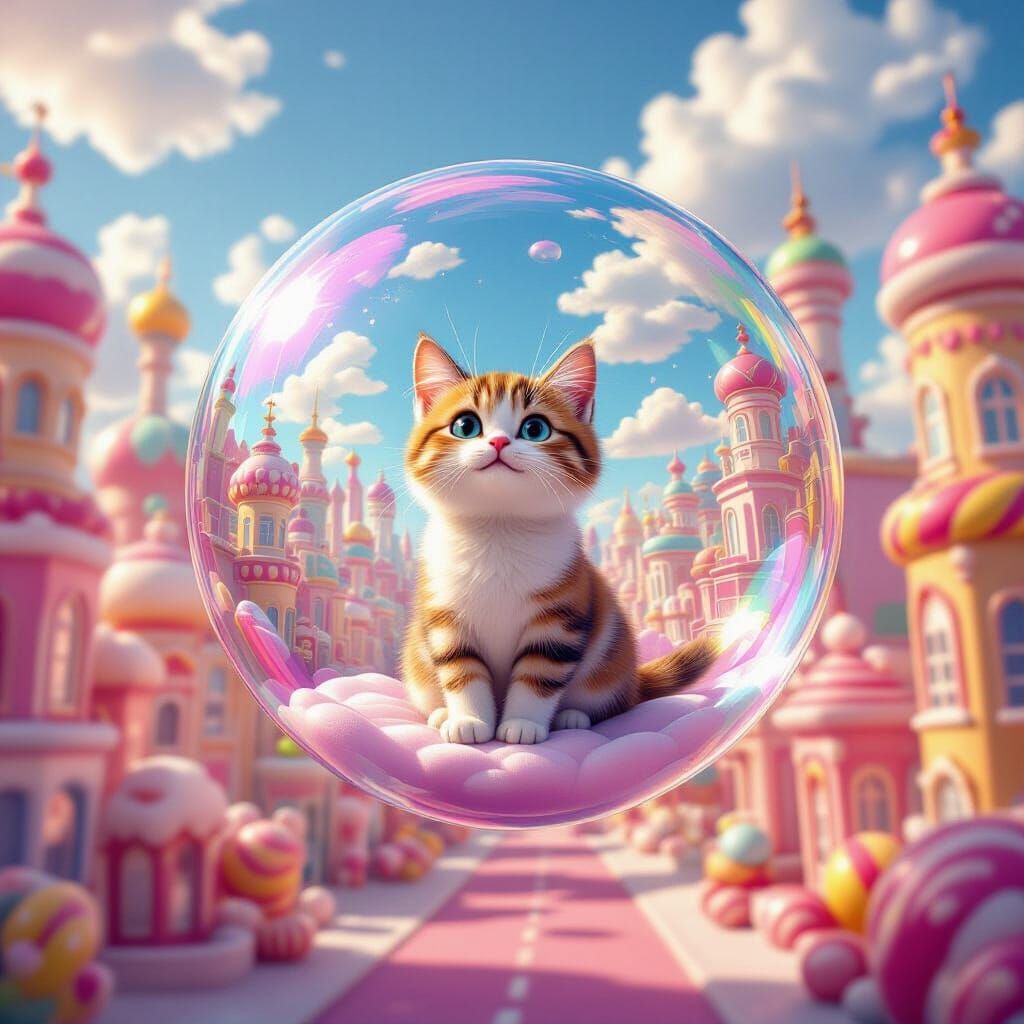 Cat in Bubble Floating Through Candy Cityscape