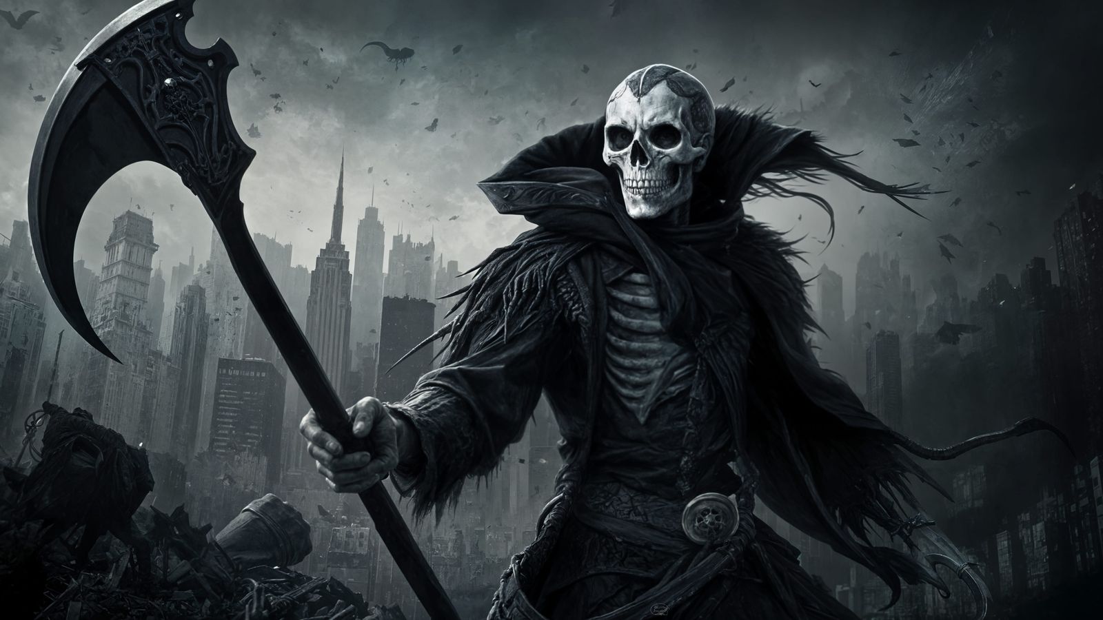 Apocalyptic Grim Reaper Discards Scythe in Ruined City