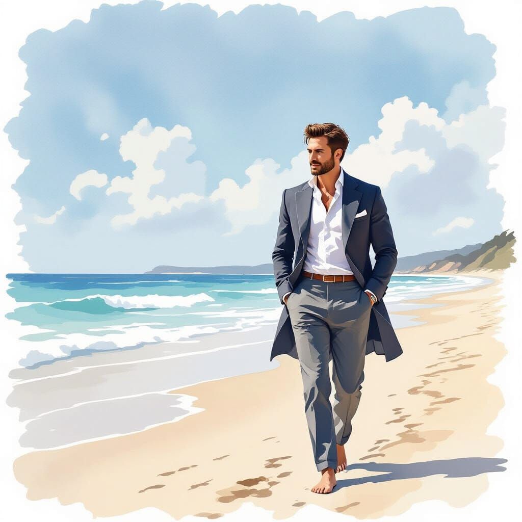 Dashing Gentleman Walks Beach in Watercolor Style
