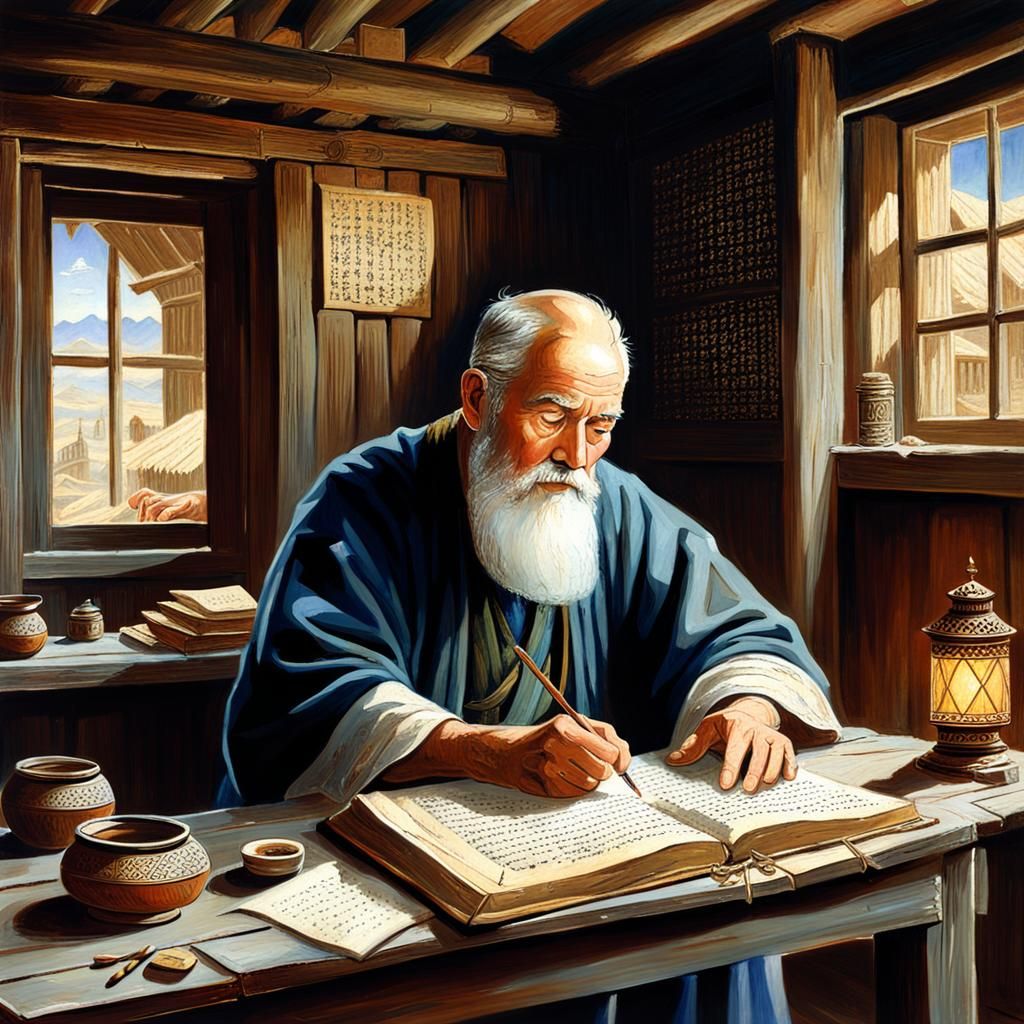 Wise Man Writing in Ancient Book, Oil Painting