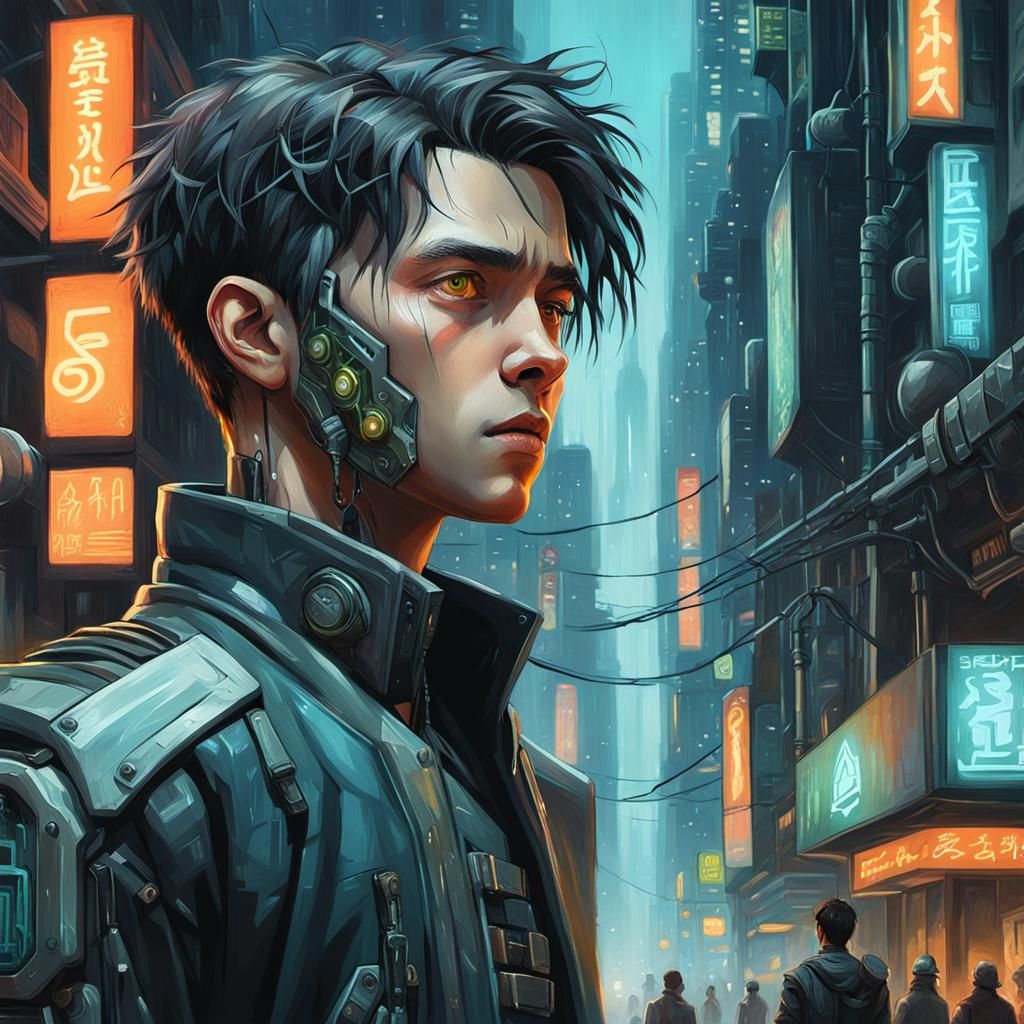 Confused Cyborg Boy in Cyberpunk Street, Digital Oil Paintin...