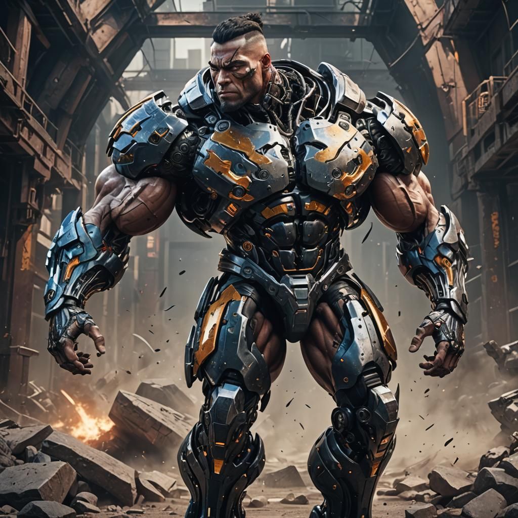 Hyper-Muscular Cyborg Warrior Portrait in Detailed Digital A...