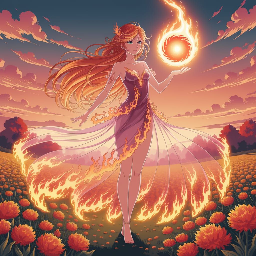 Anime Goddess of Fire in Floral Sunset Field