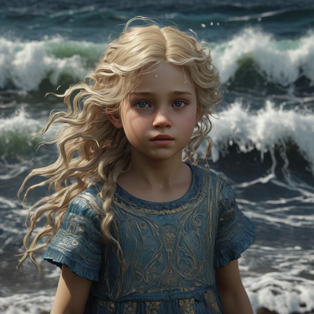 Hyperrealistic Young Girl Near Waves, Detailed Matte Paintin...