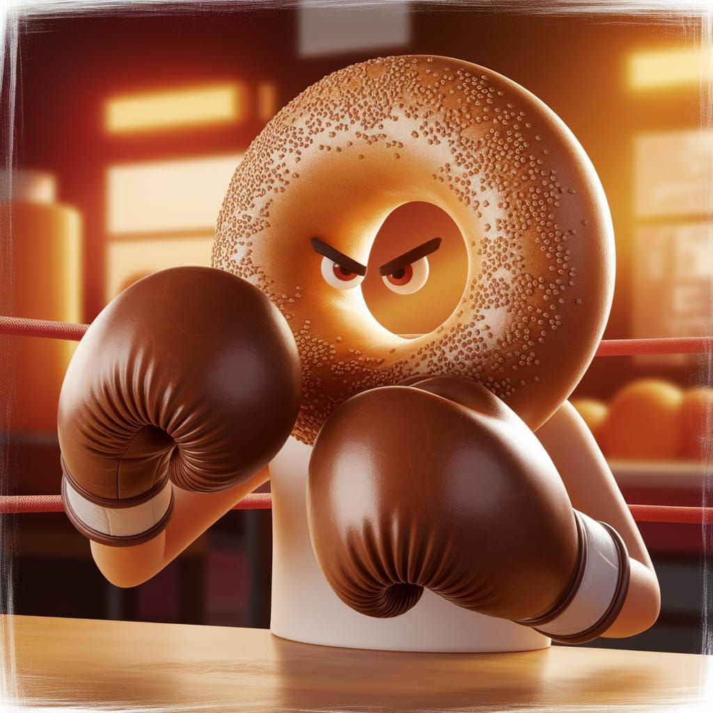 Sentient Bagel Ready to Fight, in CGI Cartoon Style