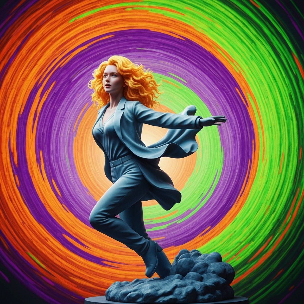 Woman Statue Speeding Through Light Vortexes