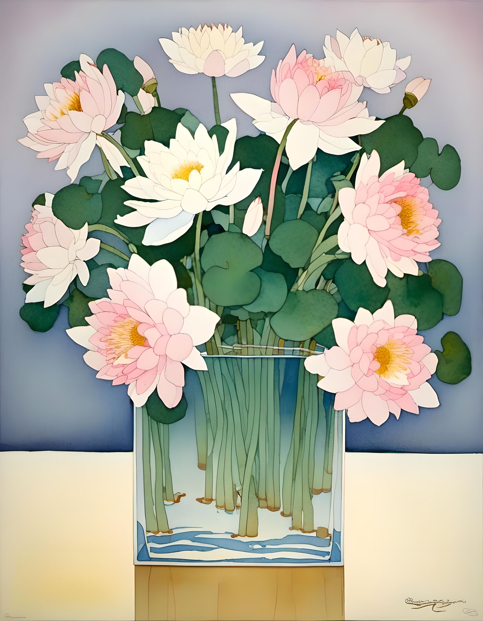 Vase of White and Pink Water Lilies