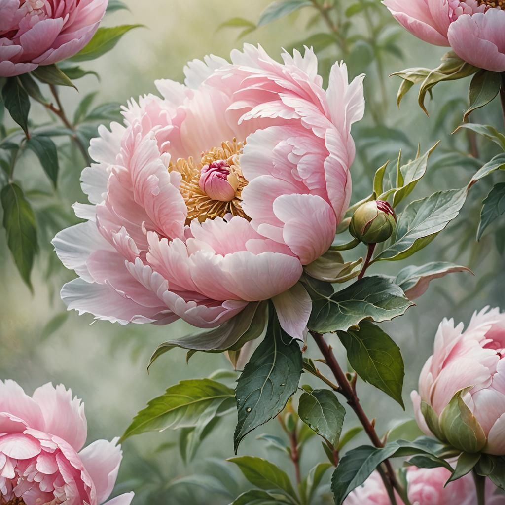 Pink Peony Bud in Misty Garden: Botanical Watercolor