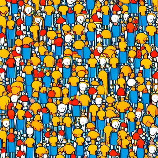 Busy Where's Waldo Scene in Yellow and Blue