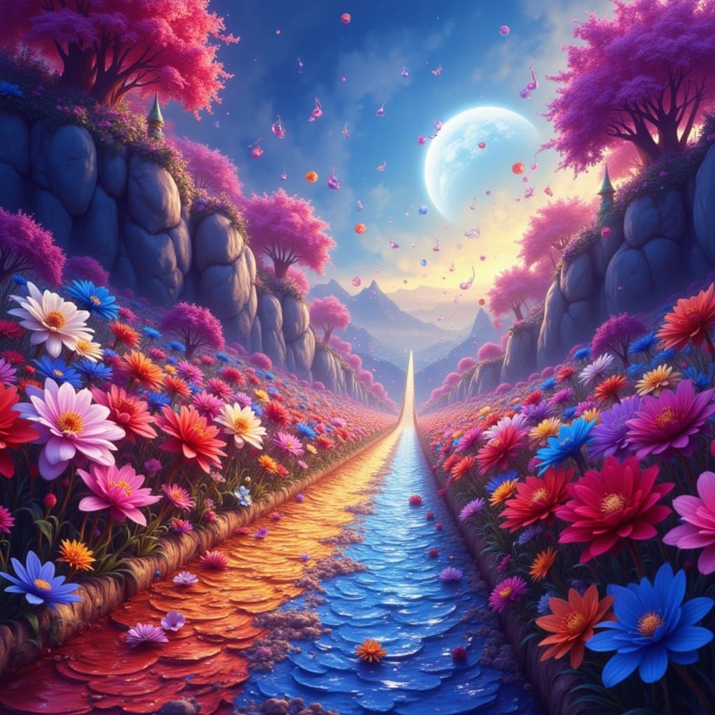Enchanted Flower Road with Floating Musical Notes