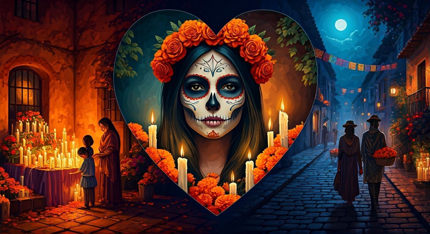 Día de los Muertos Heart Composition in Traditional Realism