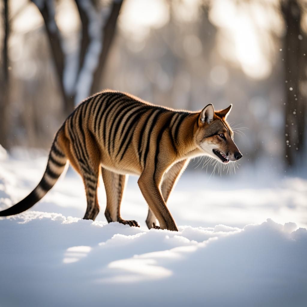 Thylacine's Joyful Snow Play: Professional Photography