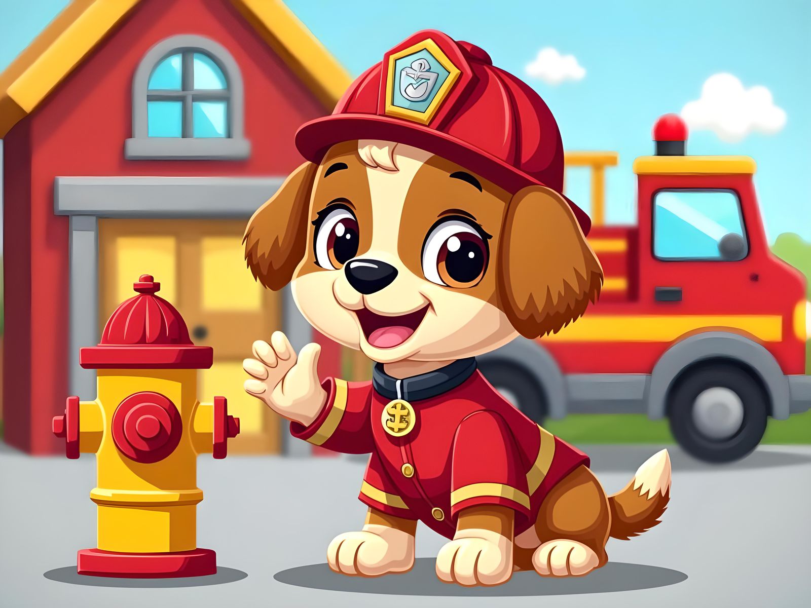Cartoon Fire Pup in Front of Firehouse