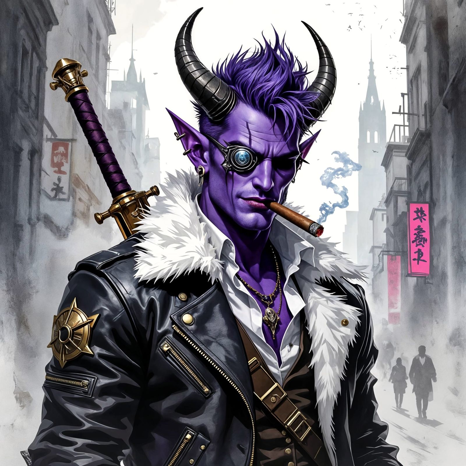 Tiefling Smoker in Gothic City, Charcoal and Watercolor