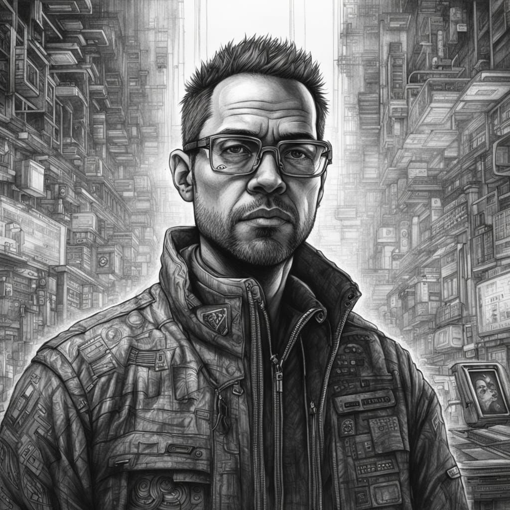 Cyberpunk Prompt Engineer: Detailed Pencil Sketch