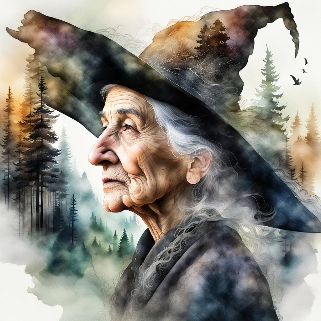 Gray-haired witch  with a kind wrinkled face