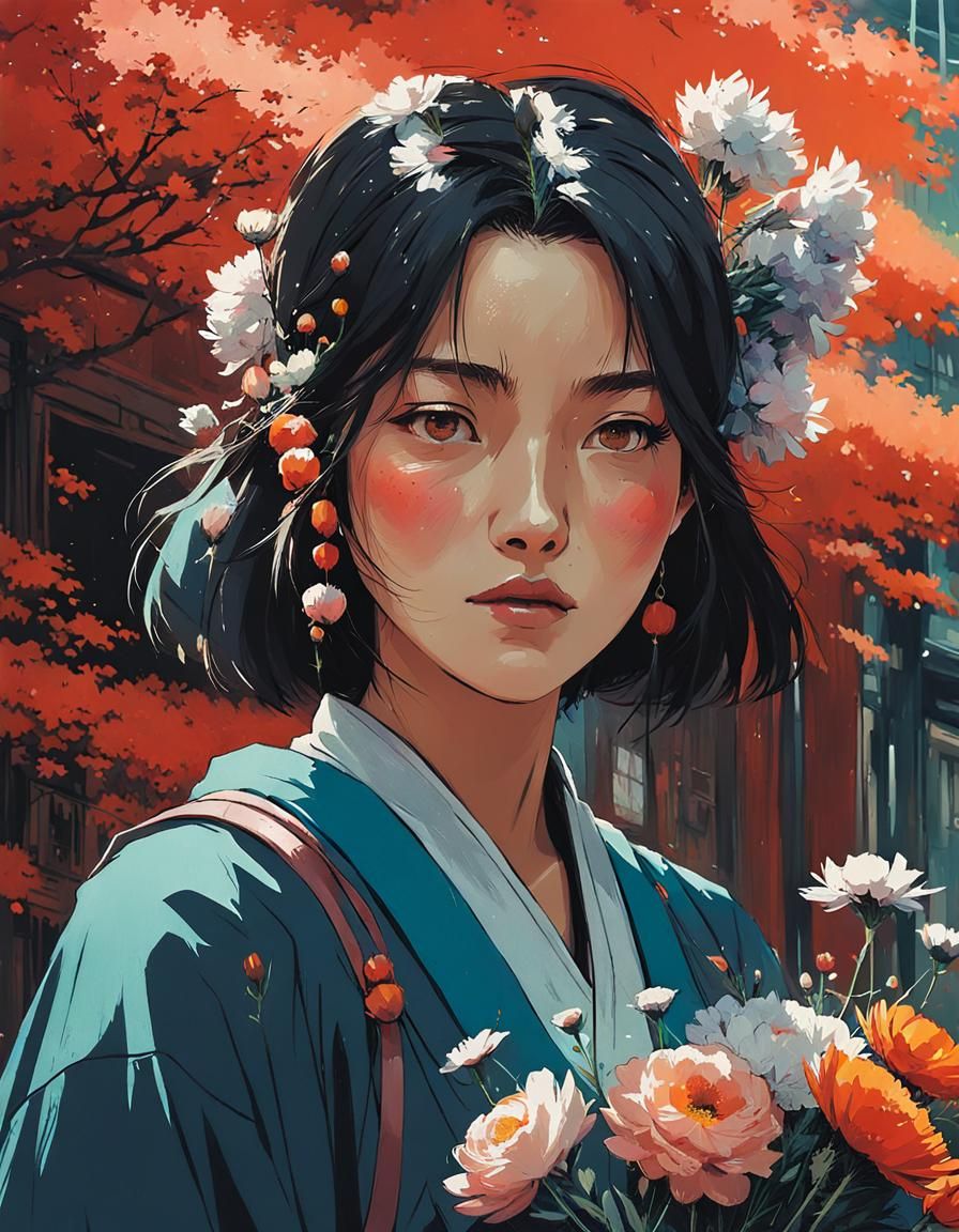 Girl with Flowers in Studio Ghibli Style