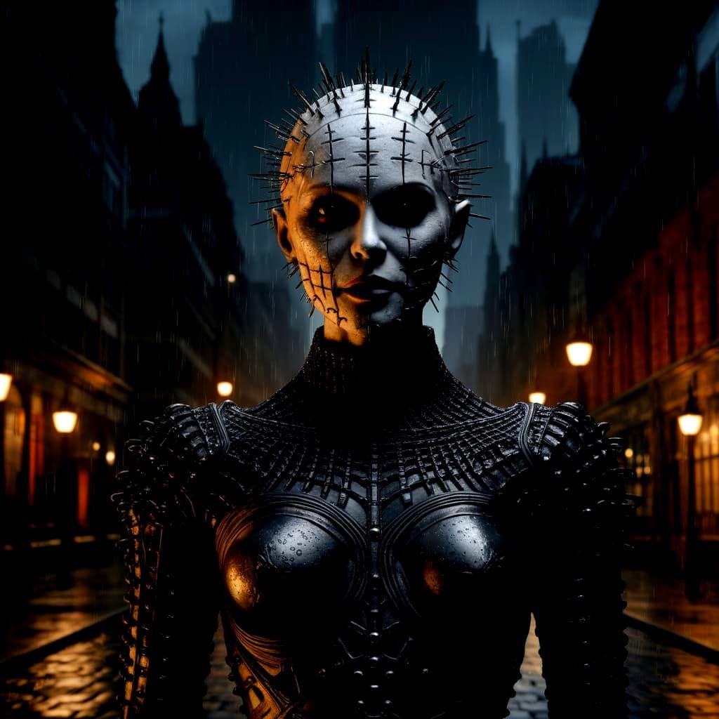 Female Pinhead in Gothic Cityscape: Dark Fantasy Art