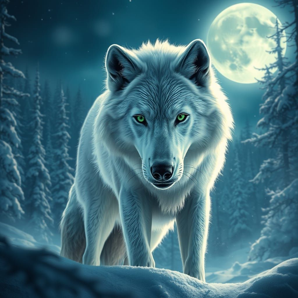 Wolf Guardian in Snowy Forest at Night, in Hyperrealistic St...