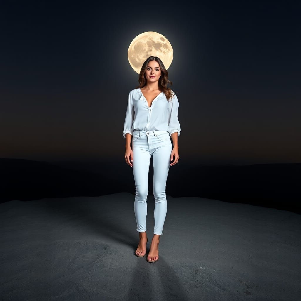 Ethereal Woman Stands on the Moon in Hyper Realistic Style