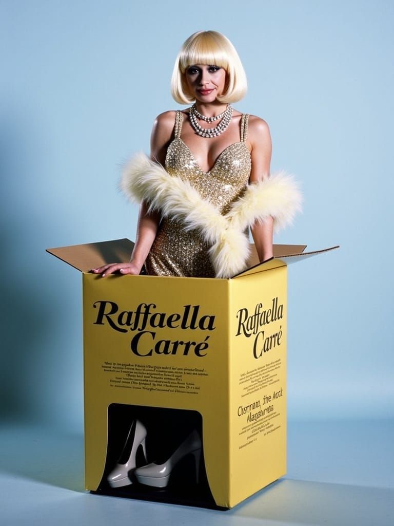 Raffaella Carrà as an Action Figure in a Retro Yellow Box