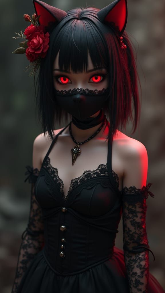 Gothic Anime Catgirl in 3D with Mask