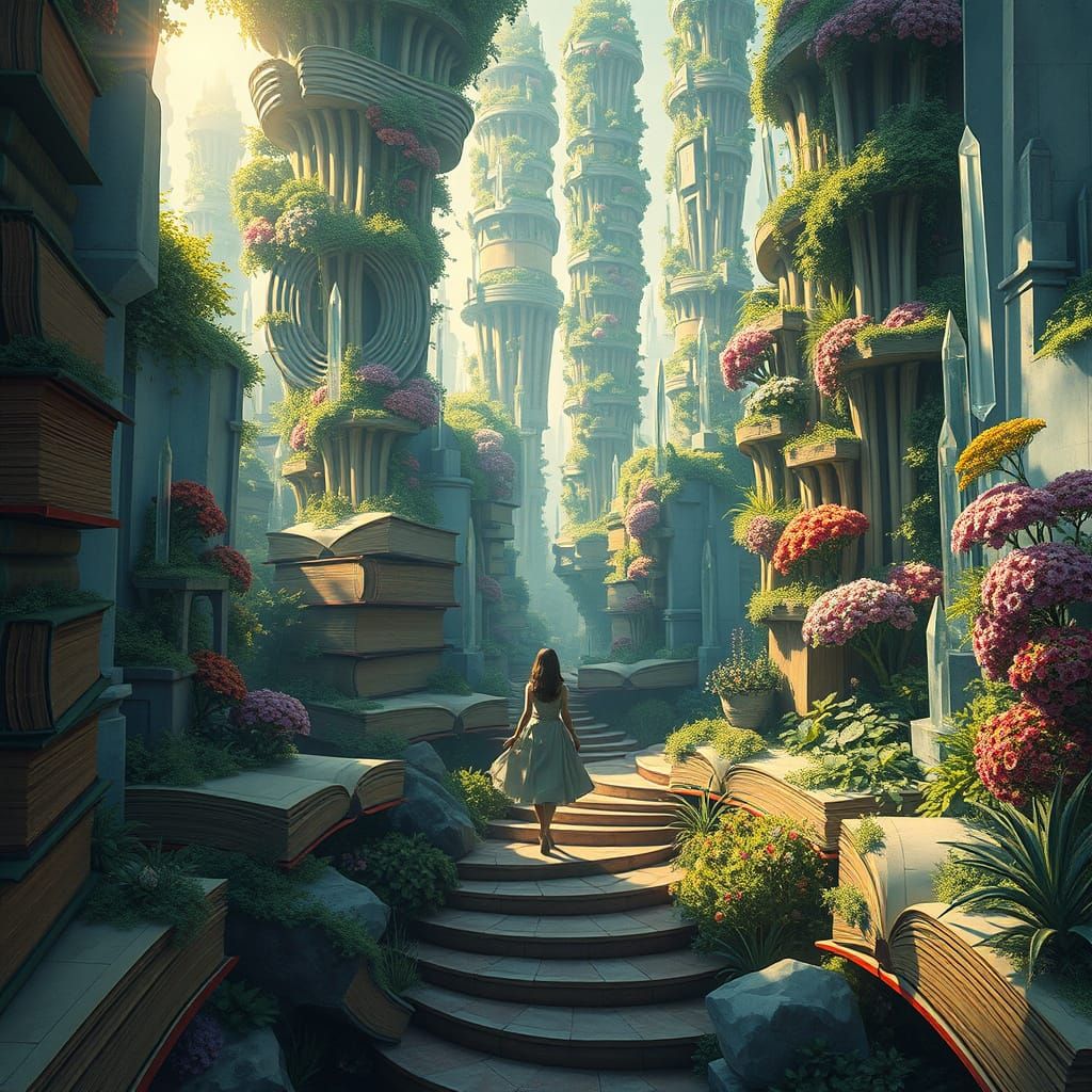 Woman Enters Magical Book Garden Landscape