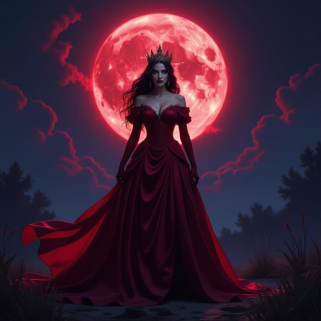 Dark Queen Under Crimson Moon in Realistic Fantasy Portrait