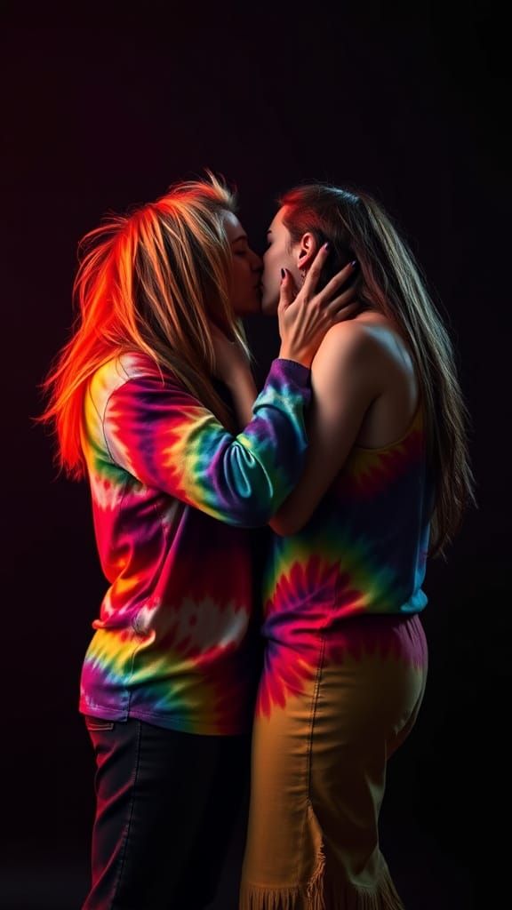 Hippies Kissing in Tie Dye, Studio Lighting