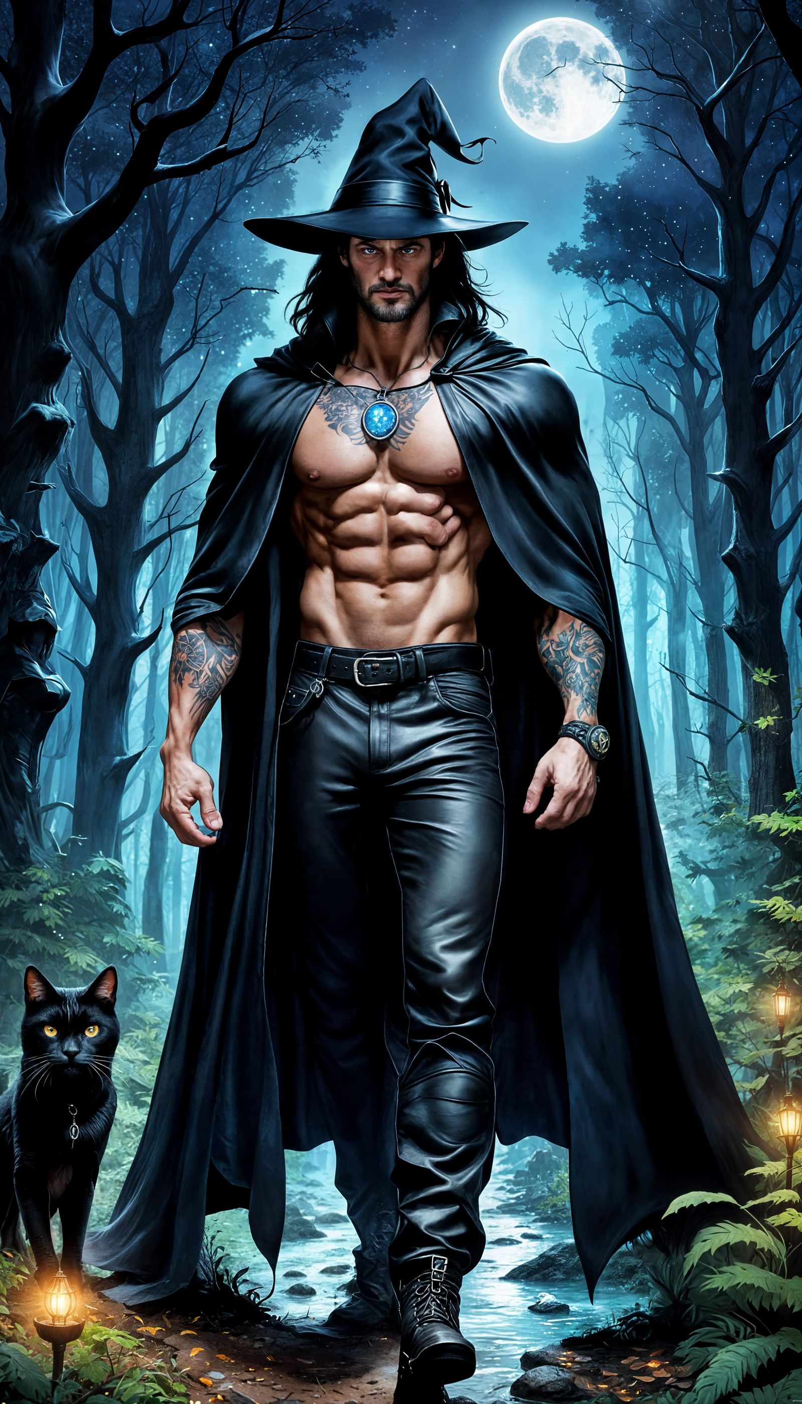 Handsome Male Witch in Enchanted Forest at Night