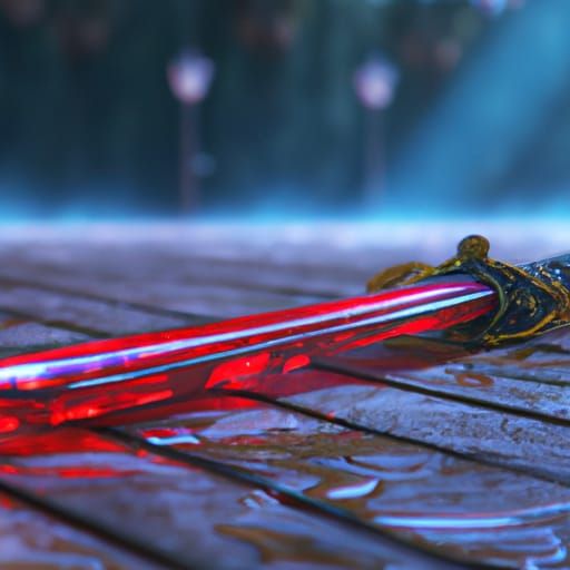 Red Sword on Misty Table, Dark Fantasy Art