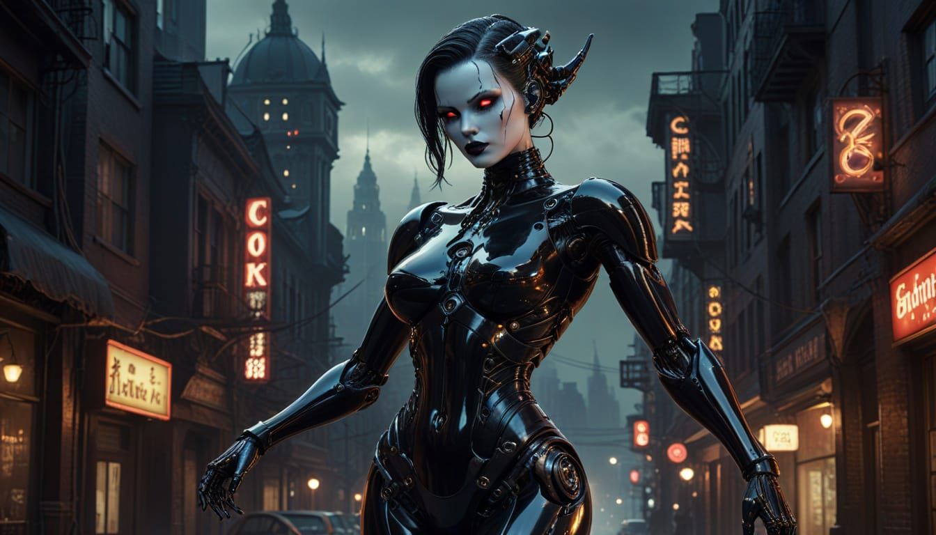 Frightening Gynoid in Gothic Cyberpunk Cityscape